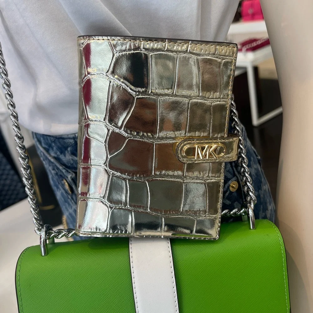 Michael Kors Empire Metallic Crocodile Embossed Leather Passport Wallet Pale Gld